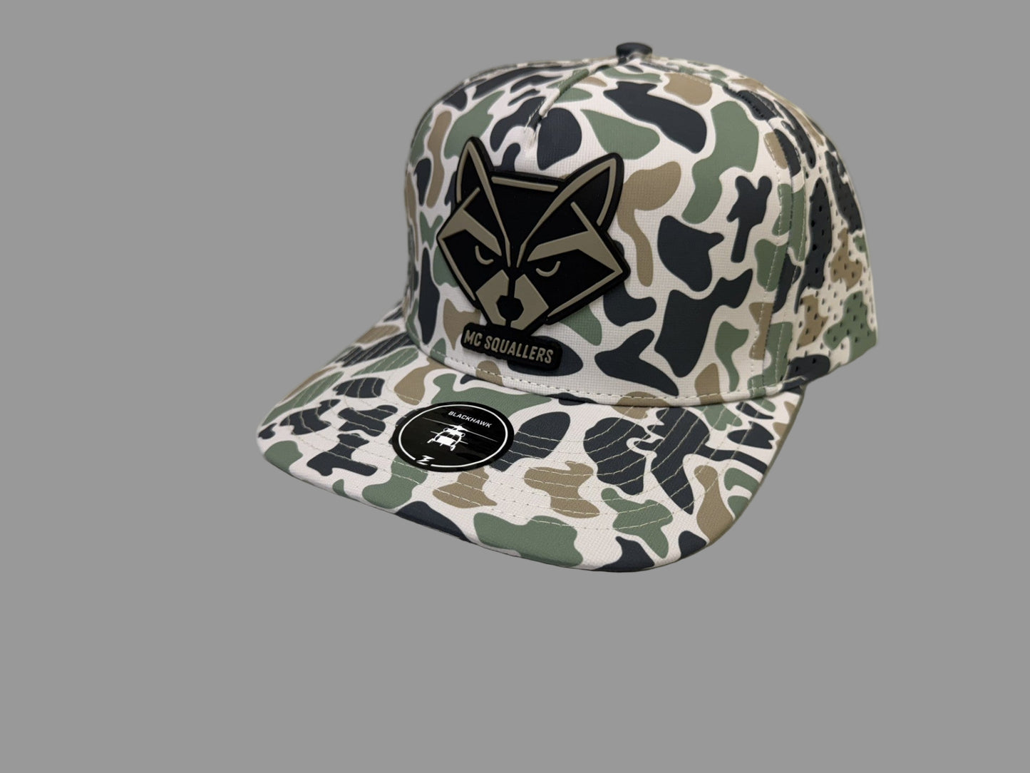 Zapped black hawk Jungle camo with MCsquallers raccoon logo.