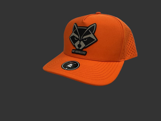 Zapped black hawk Blaze orange with MC squallers raccoon logo