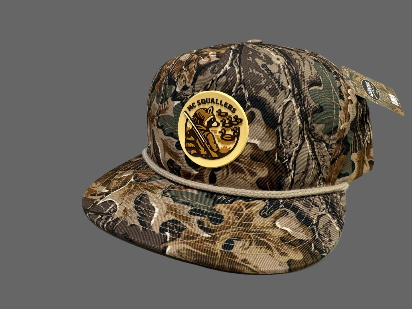 Richardson 256p old school camo rope hat.  MCsquallers duck themed patch